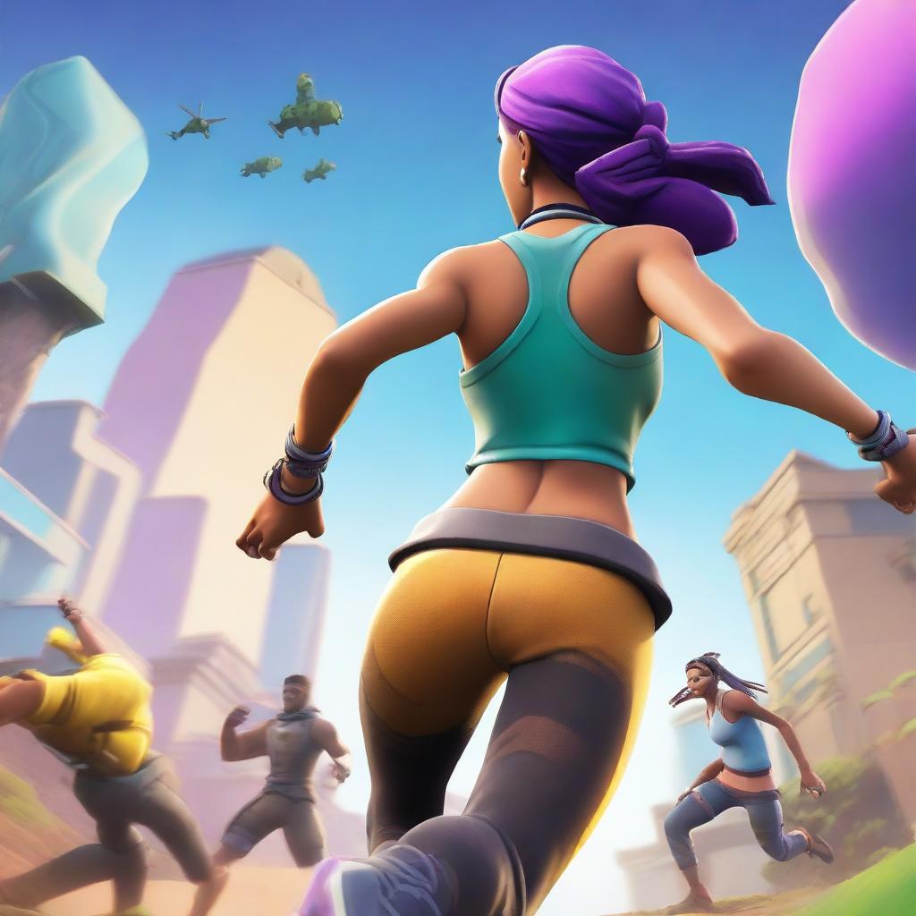 A Fortnite style cover image featuring a running woman viewed from the backside