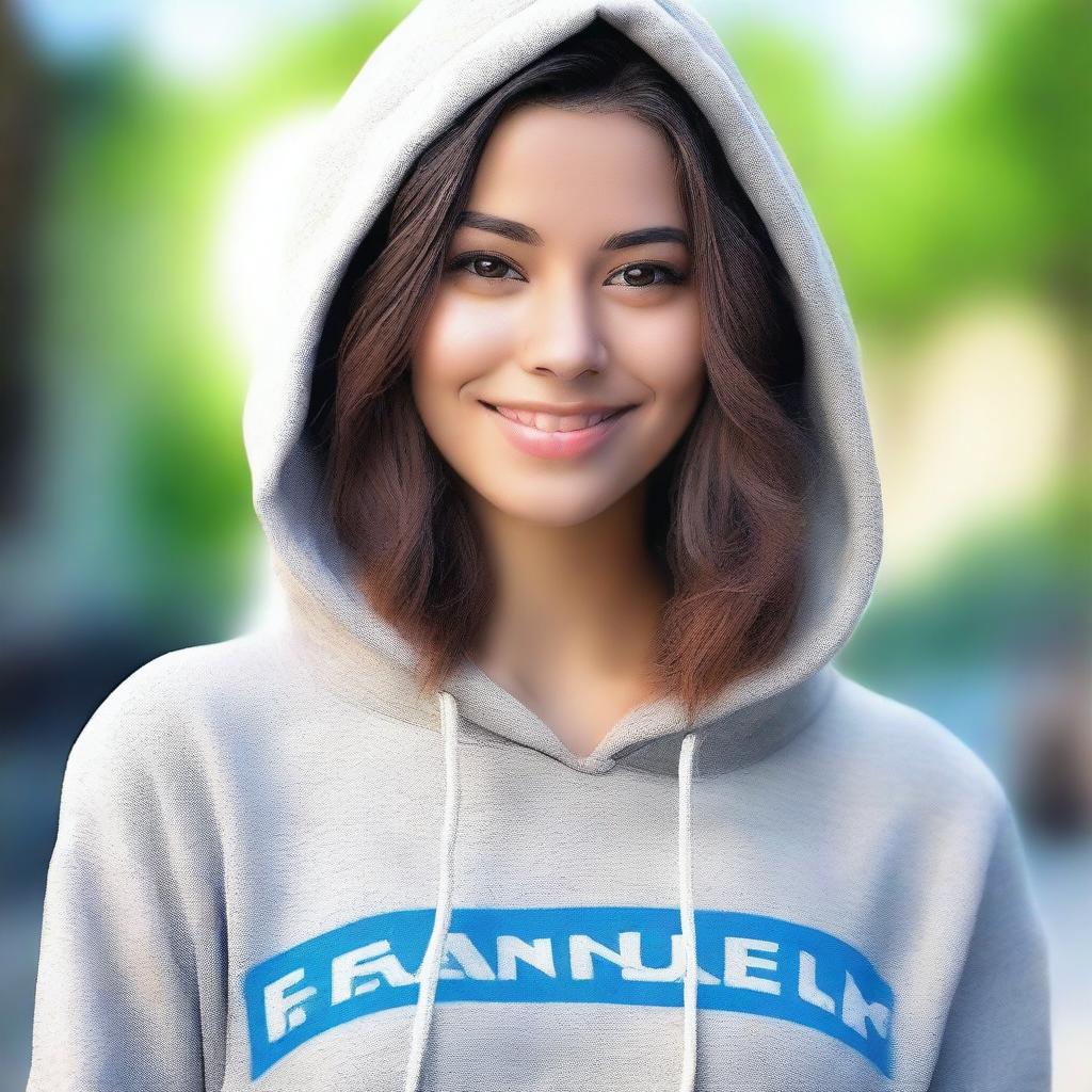 Generate a realistic photo of a beautiful girl wearing a hoodie with the FanDuel logo on it