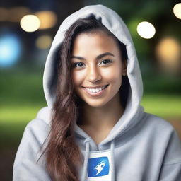 Generate a realistic photo of a beautiful girl wearing a hoodie with the FanDuel logo on it