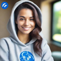 Generate a realistic photo of a beautiful girl wearing a hoodie with the FanDuel logo on it