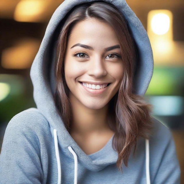 Generate a realistic photo of a beautiful girl wearing a hoodie with the FanDuel logo on it