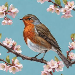 A vibrant and detailed illustration of a robin bird perched on a blossoming cherry tree branch in springtime.