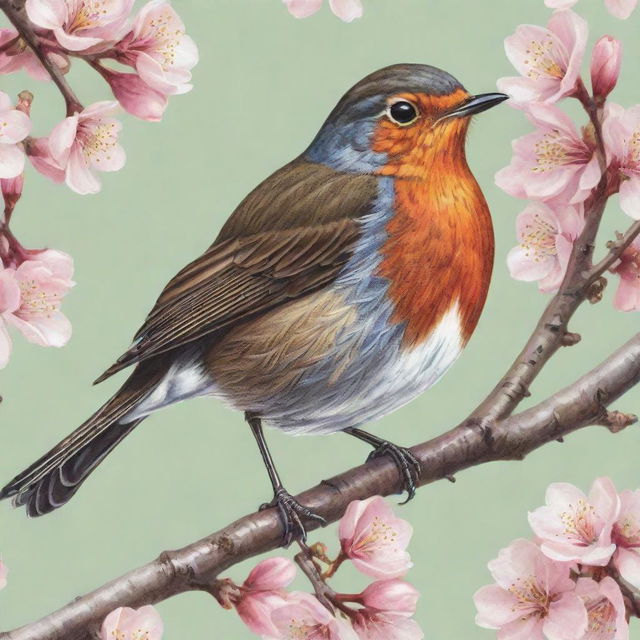 A vibrant and detailed illustration of a robin bird perched on a blossoming cherry tree branch in springtime.