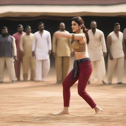 An image of Kriti Sanon wearing a blouse, engaged in a wrestling match with 50 male pandits