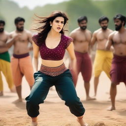 An image of Kriti Sanon wearing a blouse, engaged in a wrestling match with 50 male pandits