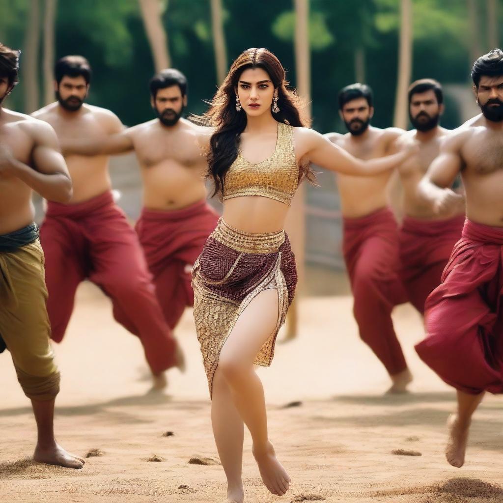 An image of Kriti Sanon wearing a blouse, engaged in a wrestling match with 50 male pandits