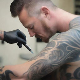 A close-up shot of a man getting a tattoo on his pectoral