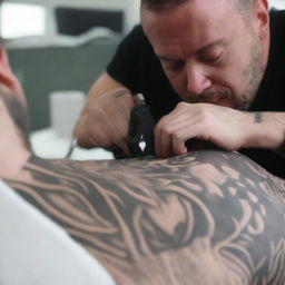 A close-up shot of a man getting a tattoo on his pectoral