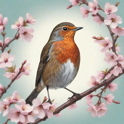 A vibrant and detailed illustration of a robin bird perched on a blossoming cherry tree branch in springtime.