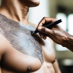 A close-up shot of a marker drawing on a man's pectoral