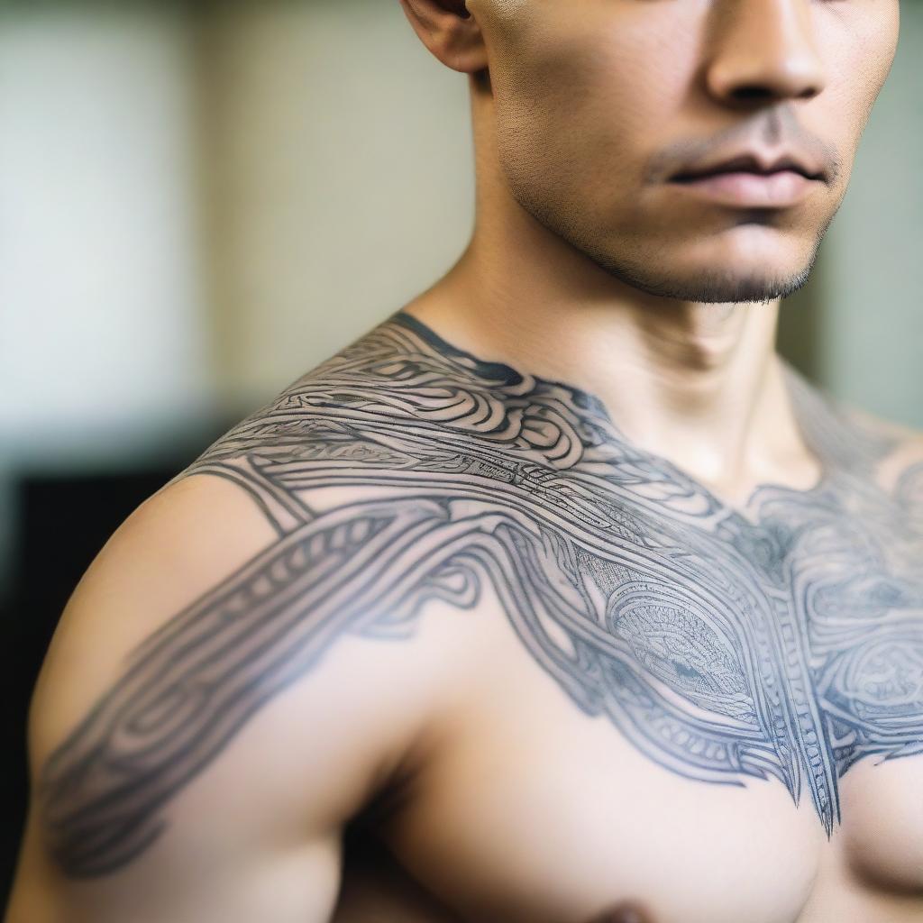 A close-up shot of a marker drawing on a man's pectoral