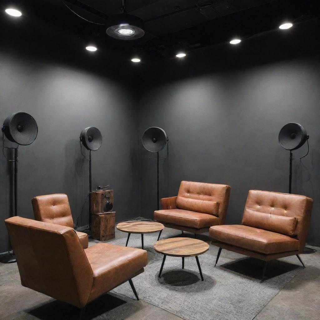 A modern podcast studio with an industrial style. Sound equipment and comfortable seating are present, and 'Unusuallastborn' is stylishly inscribed on a prominent wall