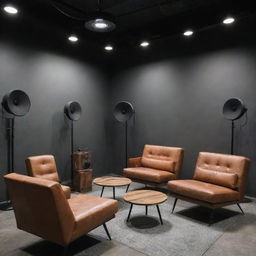 A modern podcast studio with an industrial style. Sound equipment and comfortable seating are present, and 'Unusuallastborn' is stylishly inscribed on a prominent wall