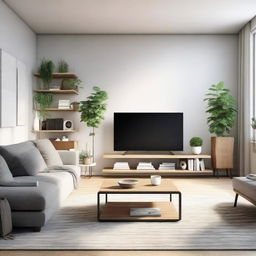 A modern living room featuring a comfortable couch, a television, and various other items