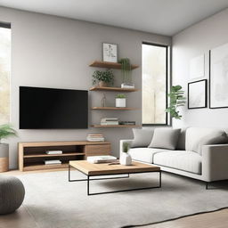 A modern living room featuring a comfortable couch, a television, and various other items