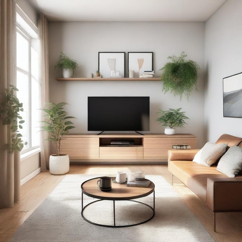 A modern living room featuring a comfortable couch, a television, and various other items