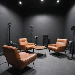 A modern podcast studio with an industrial style. Sound equipment and comfortable seating are present, and 'Unusuallastborn' is stylishly inscribed on a prominent wall