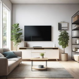 A modern living room featuring a comfortable couch, a television, and various other items