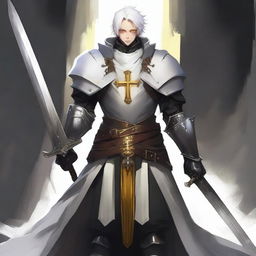 A young knight wearing a long white coat over light black armor, wielding a long sword and a large cross-shaped shield