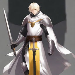 A young knight wearing a long white coat over light black armor, wielding a long sword and a large cross-shaped shield