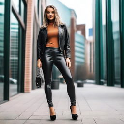 A stylish woman wearing leather leggings, standing confidently with a modern urban background