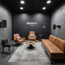 A modern podcast studio with an industrial style. Sound equipment and comfortable seating are present, and 'Unusuallastborn' is stylishly inscribed on a prominent wall