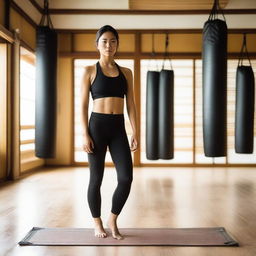 A barefoot woman wearing leather leggings and a sports bra standing in a traditional dojo