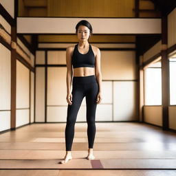 A barefoot woman wearing leather leggings and a sports bra standing in a traditional dojo