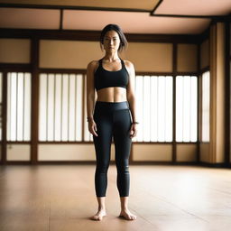 A barefoot woman wearing leather leggings and a sports bra standing in a traditional dojo