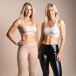 Two blonde women standing barefoot, wearing latex leggings and sports bras