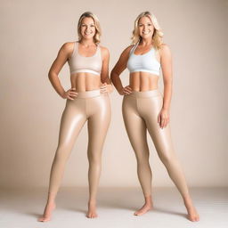 Two blonde women standing barefoot, wearing latex leggings and sports bras