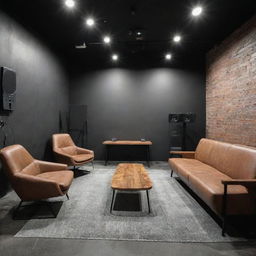 A modern podcast studio with an industrial style. Sound equipment and comfortable seating are present, and 'Unusuallastborn' is stylishly inscribed on a prominent wall