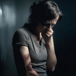 A woman with her hands tied behind her back, looking distressed