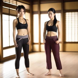 Two barefoot women in leather leggings and sports bras, standing in a dojo