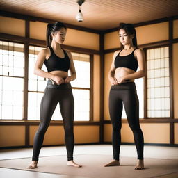 Two barefoot women in leather leggings and sports bras, standing in a dojo