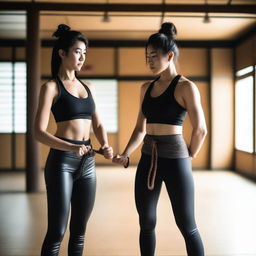 Two barefoot women in leather leggings and sports bras, standing in a dojo