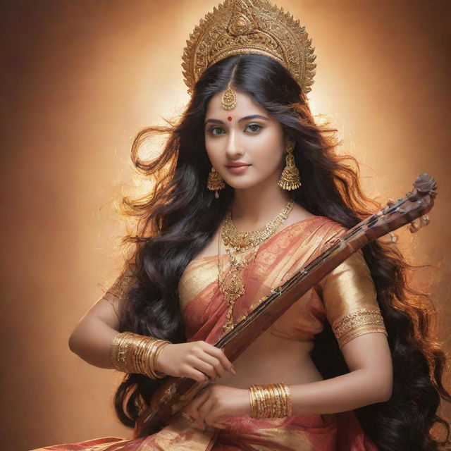 An enchanting portrait of Goddess Saraswati with dazzling beauty focusing on her exquisite hair and face, set amidst a majestic background.