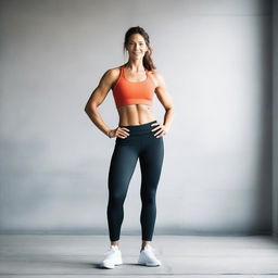 A sporty woman standing barefoot, showcasing her athletic physique