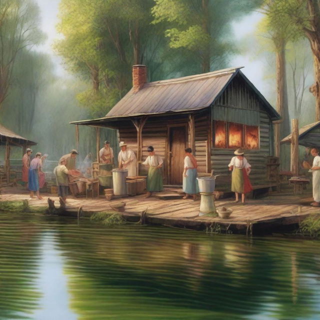 A lively scene of people cooking traditional Cajun food on the bayou