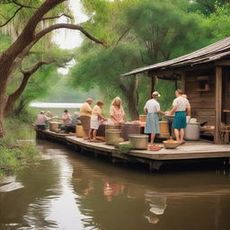 A lively scene of people cooking traditional Cajun food on the bayou