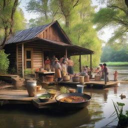 A lively scene of people cooking traditional Cajun food on the bayou