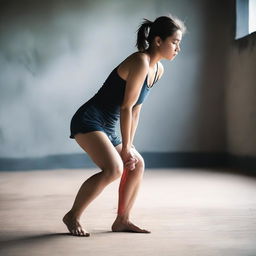 A sporty barefoot woman with her hands tied behind her back