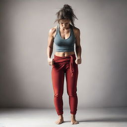 A sporty barefoot woman with her hands tied behind her back