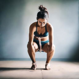 A sporty barefoot woman with her hands tied behind her back