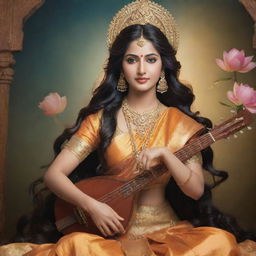 An enchanting portrait of Goddess Saraswati with dazzling beauty focusing on her exquisite hair and face, set amidst a majestic background.