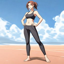 Create an anime-style image of a woman who is barefoot, wearing leather leggings and a sports bra