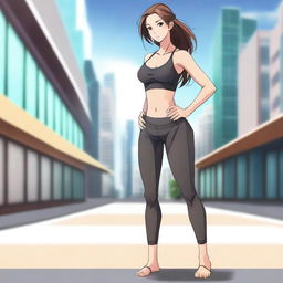 Create an anime-style image of a woman who is barefoot, wearing leather leggings and a sports bra