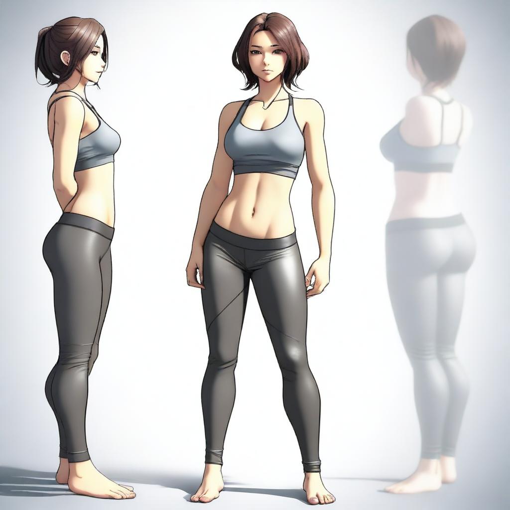 Create an anime-style image of a woman who is barefoot, wearing leather leggings and a sports bra