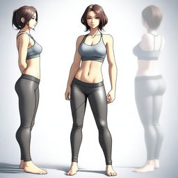 Create an anime-style image of a woman who is barefoot, wearing leather leggings and a sports bra