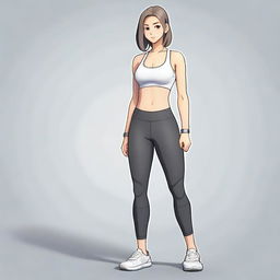 Create an anime-style image of a woman who is barefoot, wearing leather leggings and a sports bra